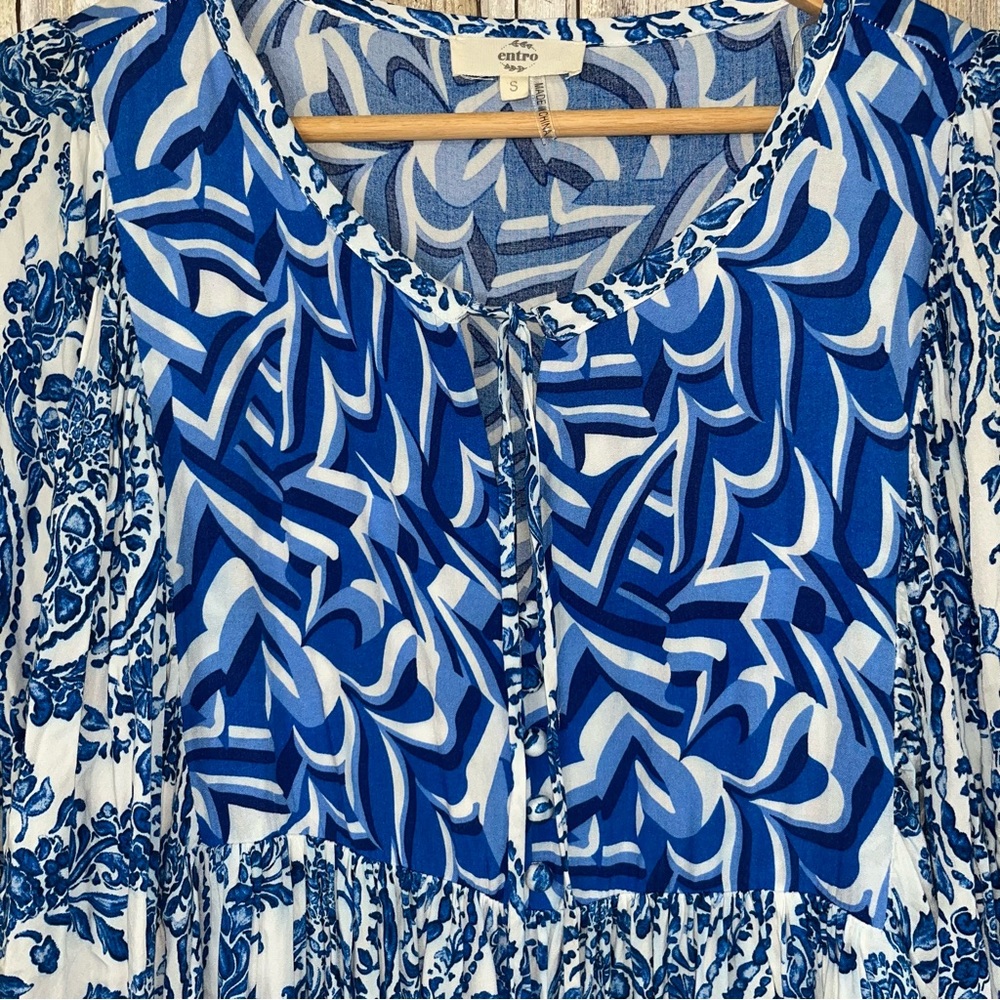 Entro V Neck Boho Blue Mini Ruffle Tiered Dress Small - Picture 5 of 6